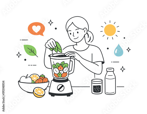 Spring wellness props. A person preparing a healthy smoothie with fruits and greens, focused and relaxed moment of daily wellness. Floating
