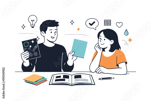 Creative Print Finishes. Creative print finishes. A designer presenting samples with spot UV coating and textured paper, friendly discussion and evaluation.