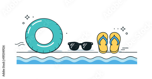 Minimalist Poolside Elegance. Pool accessories minimal. Clean editorial scene with inflatable ring, sunglasses, and flip-flops placed neatly by the pool edge.
