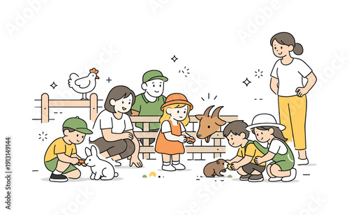 Kids Petting Zoo Adventure. Children exploring a petting zoo. Kids feeding small animals under adult supervision, calm and happy engagement. Feeling of