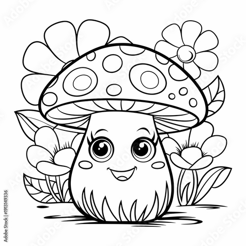 illustration of an adorable mushroom line art with flowers for coloring pages for kids