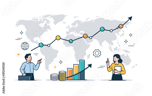Global economic growth. Simplified world map connected with upward trend lines and nodes, suggesting international development. Informative,