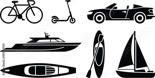 Set of black summer transportation icons featuring a bicycle, electric scooter, convertible car, luxury yacht, sailboat, kayak, and paddle board.