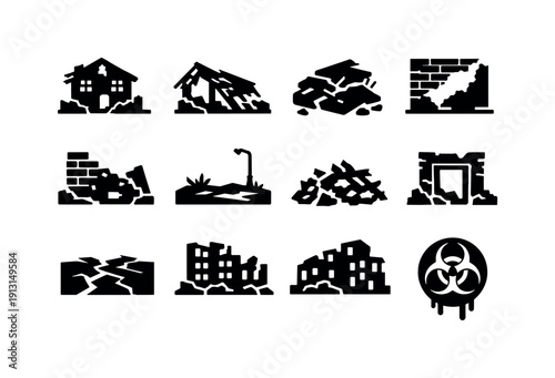 Urban Ruins. Solid icon set of Urban Ruins: ruined house, collapsed roof section, broken concrete, exposed bricks, fallen wall, empty lot,