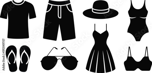 summer fashion black icons including a t-shirt, shorts, sun hat, swimsuit, flip flops, sunglasses, dress, and bikini top.