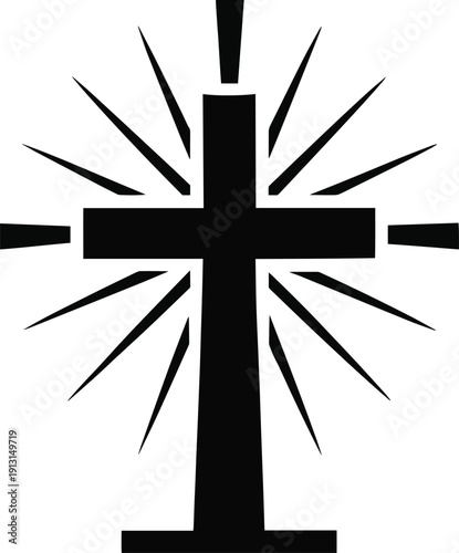 A stark black silhouette depicts a cross with radiating lines emanating from its center symbolizing faith high quality