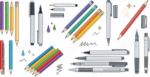 Stationery writing tools set with pencils, colored pencils, pens, markers and doodle elements