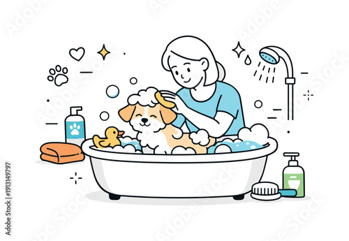 Pet hygiene and cleanliness. Washing a small dog in a bathtub with soft bubbles and careful movements. The scene shows cleanliness, patience,