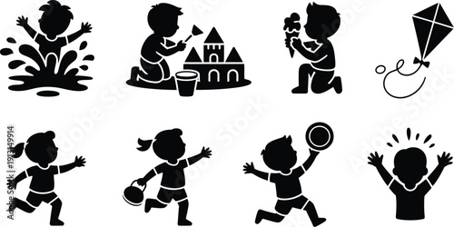 A collection of black silhouettes depicting children enjoying various summer activities like building sandcastles and flying kites