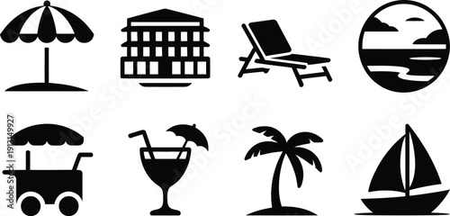 A collection of black vector icons depicting various elements associated with summer and vacation high-quality professional