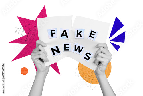 Creative collage picture fake news propaganda falsification placard showing demonstration tear down paper sheet drawing background