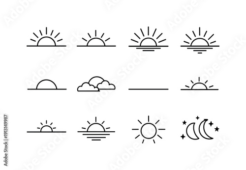 Sunrise and sunset. Line icon set of sunrise and sunset: sun rising over horizon, sun setting over horizon, dawn rays, dusk glow, half sun
