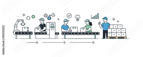 Production bottleneck analysis. A serene final scene showing an optimized production flow after adjustments, with balanced stages and steady