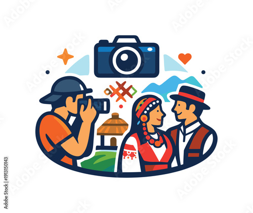 Cultural Event Photography. A photographer capturing a candid moment during a cultural event a compact badge-style scene with a camera icon aligned toward