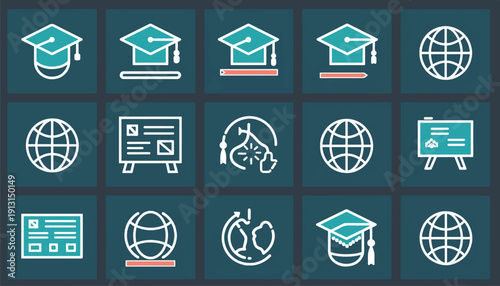 Academic Icons Pack Graduation Cap Globe Chalkboard - Vector Illustration