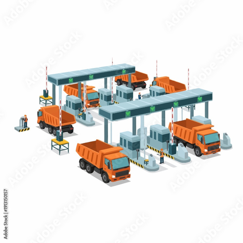 Toll Booth Station with Orange Trucks.