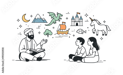 Legends overview. Calm editorial scene showing a storyteller sharing ancient legends, with simple mythical symbols floating around like