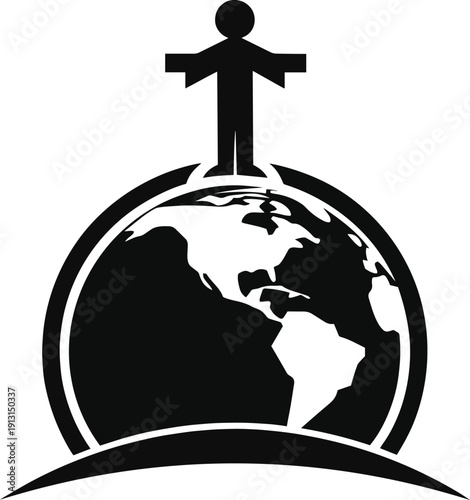 A stark black and white graphic depicts a human figure standing triumphantly atop a globe symbolizing global reach