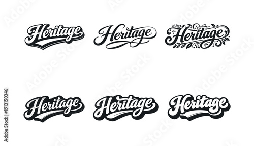 Heritage script logo. Set lettering. harmonious lettering variations of the same emblematic concept, each with different artistic