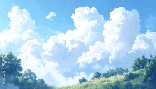 Pastel sky with fluffy clouds over a grassy hill