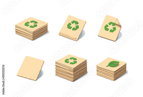 Recycled paper sheets. Isometric flat vector icons set of recycled paper sheets: stacked recycled paper, single recycled sheet, folded