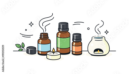 Tranquil Aromatherapy Display. Home aromatherapy routine. Essential oil bottles arranged on a surface, one bottle slightly open, suggesting use and everyday