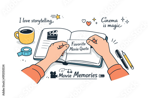Creative Movie Journaling. Creative quote journaling. A person pasting a handwritten movie quote placeholder into a notebook, expressing admiration for