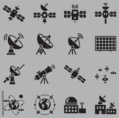 Vector icons representing space technology, including various satellite designs, parabolic radar dishes, telescopes, solar panels, and global tracking stations.