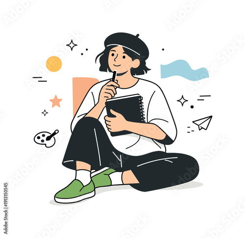 Artistic everyday fashion. A creative person wears expressive but minimal clothing while holding a sketchbook. Relaxed, thoughtful atmosphere