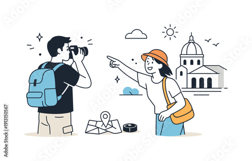 Travel photography together. A couple stopping to take photos of architecture, one person framing a shot while the other points