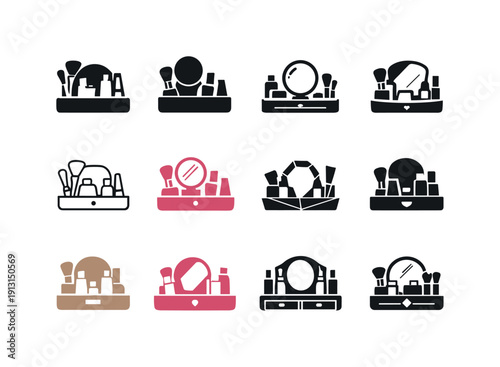 Makeup organizer tray. Icon set. Set Logo of makeup organizer tray: vanity tabletop organizer. harmonious logo variations of the same