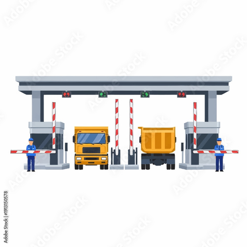 Toll Booth with Trucks and Guards.