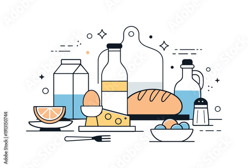 Geometric kitchen still life. Everyday food items arranged in precise geometric balance, quiet and modern editorial scene. Abstract shapes
