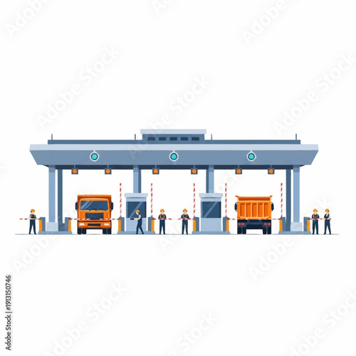 Toll Booth with Trucks and People.