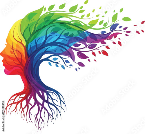 Silhouette profile of a woman whose hair transforms into a vibrant rainbow colored tree with deep roots and flowing leaves