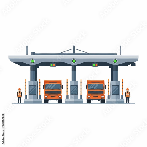 Toll Booth with Trucks and Workers.
