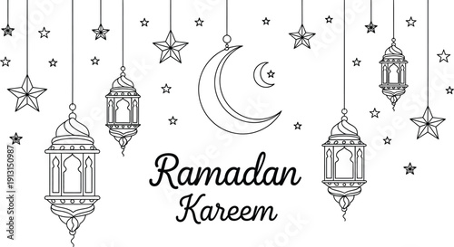 Simple black and white line art design featuring hanging lanterns stars and a crescent moon for ramadan kareem celebrations