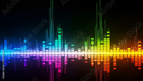 A vibrant sound equalizer visually displays multiple frequencies and audio levels across a dark background, bursting with rainbow colors.