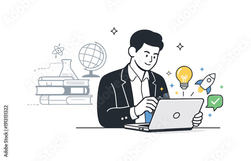 Staying relevant fear. A professional opening a laptop with fresh symbols glowing softly while older knowledge icons rest behind, suggesting