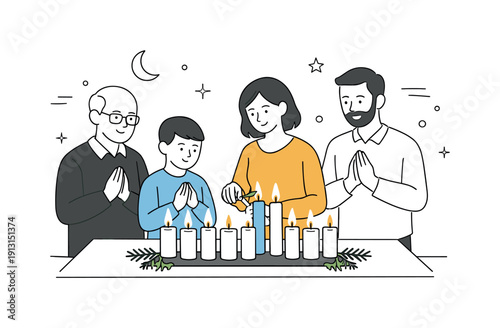 Holiday candle lighting ceremony. Family standing around a table with neatly arranged candles, focusing quietly on the ritual. The mood
