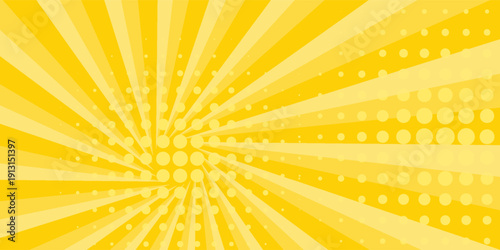 Yellow abstract background with light of sunburst. yellow starburst with halftone. sun ray retro background with flash eps10