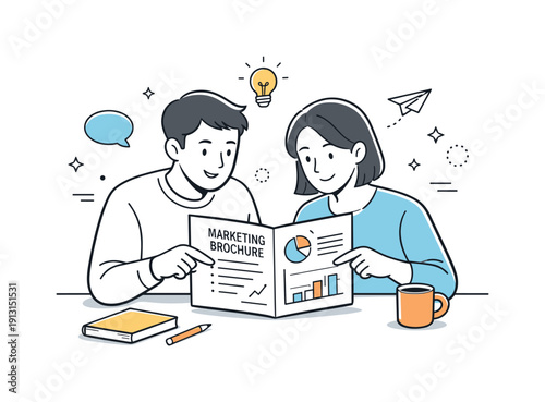 Brochure Design Review. Marketing brochure review. Two colleagues reviewing a printed brochure together, pointing at headlines and charts, calm collaboration