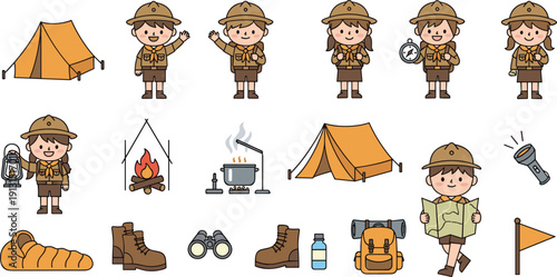 Cute camping scout icon set with kids, tents, campfire, backpack, map and hiking equipment