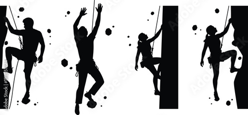 Rock climbing silhouette set, man and woman climbers on wall extreme sport vector illustration isolated on white background
