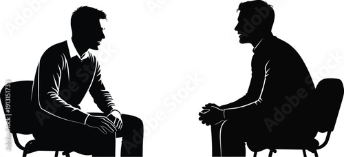 Silhouette of two men sitting opposite each other in chairs engaged in a serious discussion or counseling session illustration