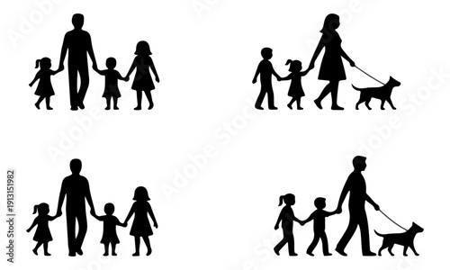 Family Silhouettes Walking with Children and Dog Icon Set