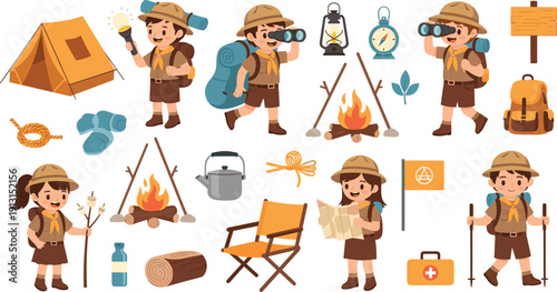 Cute camping kids scout set with tent, campfire, backpack, map, lantern and hiking accessories