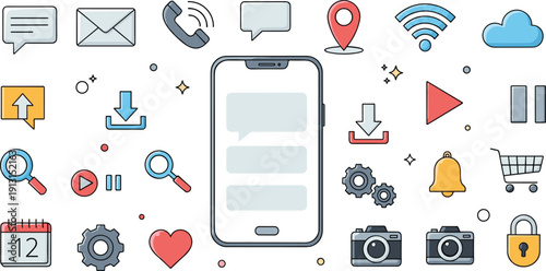 Mobile app interface icon set with smartphone, chat, email, wifi, download, search, settings and notifications