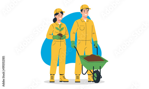 Professional Gardeners Planting Seedling with Wheelbarrow Illustration