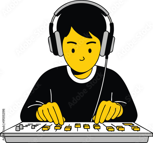 Child DJ with headphones operating mixing console